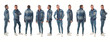 linr of various poses same man with denim clothing on white background