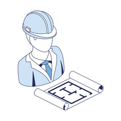 Engineer builder in hard hat blueprint. Vector 3d line isometric, color web icons, new flat style. Creative design idea and elements for infographics.