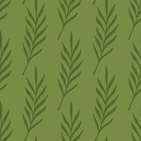 Fototapeta  - Leaf twigs doodle seamless pattern in abstract foliage style. Green background. Decorative ornament.