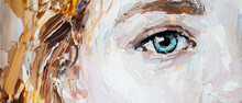 Female Blue Eye Close Up. Fragment Of Art Painting.