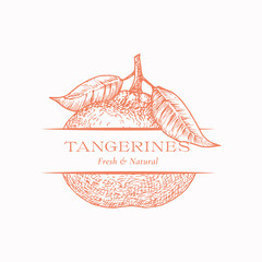 Wall Mural - fresh tangerines organic fresh citrus abstract vector sign, symbol or logo template. hand drawn tang