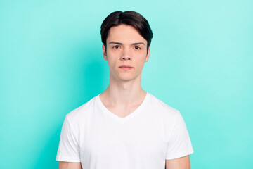 Sticker - Photo portrait serious guy wearing white t-shirt isolated bright teal color background