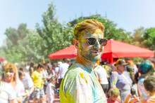 The Pretty Young Boy In The Color Fest, Colored Faces Of The Peoples, Color Festival In India