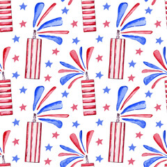 American blue and red candles and stars. Hand-drawn Seamless watercolor pattern. Patriotic design for paper, boxes, fabric. Illustration for Independence Day in the USA on 4th of July