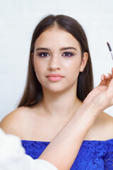 Professional makeup artist working with client in dressing room on white background