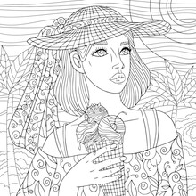 Fashion Girl In Big Hat With Ace Cream At Summer Landscape. Coloring Book Page For Adult With Doodle And Zentangle Elements.