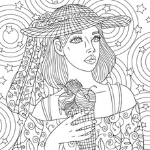 Girl In Hat Hold Ice Cream Summer Coloring Book Page. Vector Outline Illustration With Doodle And Zentangle Elements For Meditation And Antistress.