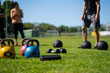 Kettlebell weightlifting. Group training after a lockdown outside the city. Get in shape