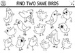 © Lexi Claus - Find two same birds. Forest black and white matching activity or coloring page. Funny outline woodland logical quiz worksheet for kids. Simple printable seek and find game with cute animals .