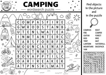 Wall Mural - Vector black and white camping wordsearch puzzle. Simple forest summer camp outline crossword or coloring page. Educational keyword activity with kids fishing, hiking, playing guitar .