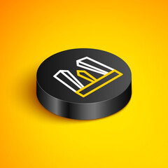 Sticker - Isometric line Gate of Europe icon isolated on yellow background. The Puerta de Europa towers. Madrid city, Spain. Black circle button. Vector