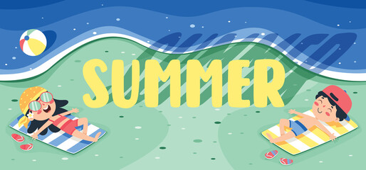 Wall Mural - Flat Summer Banner With Cartoon Character