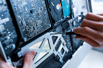 technology repair of pc electronic equipment. computer service. technician engineer man do maintenan
