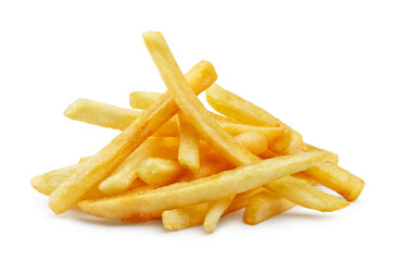 Delicious potato fries, isolated on white background