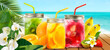 Summer refreshing exotic drinks cocktails in glass jars with tropical fruits on wooden table on seascape background.