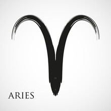 Aries Zodiac Symbol Isolated On White Background. Brush Stroke Aries Zodiac Sign. Hand Drawn Vector Illustration