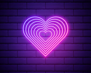 Wall Mural - Bright heart. Neon sign. Retro neon heart sign on purple brick wall background. Design element for Happy Valentine's Day. Vector illustration