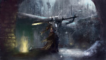 A One-armed Knight With A Huge Sword Stands On The Defense Of The Castle During A Winter Storm.