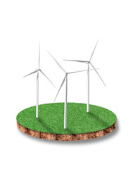 Round soil ground cross section of green grass field with wind turbine Isolated on white background.