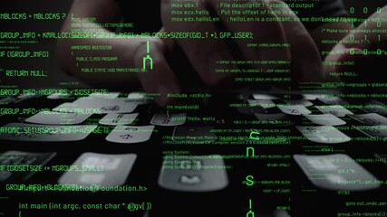 Creative visual of computer programming coding and software development shown by man working on computer keyboard with overlay of computer graphic displaying abstract program codes and computer script