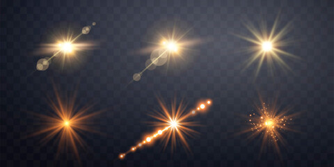 gold horizontal lens flares set..isolated on transparent background. sun flash with rays or gold spo