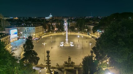 Canvas Print - Aerial view of the large urban square, the Piazza del Popolo night timelapse, Rome