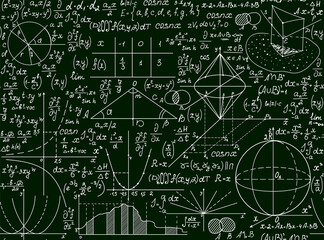 Educational school vector seamless pattern with math formulas, handwritten on the green chalkboard