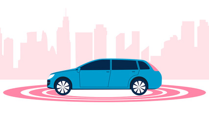 Self driving car on a street in a city. Car surrounded by radio circular waves at the background of tall moden buildings. Vector.