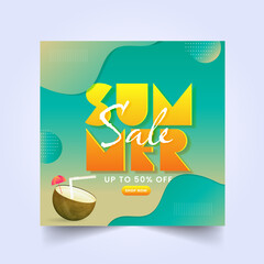 Canvas Print - UP TO 50% Off For Summer Sale Poster Or Template Design With Coconut Drink.