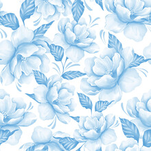 Seamless Pattern With Flowers. Blue Floral Pattern In Watercolor Style