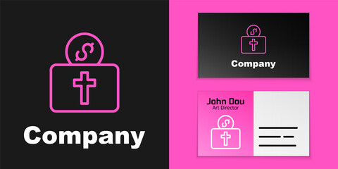 Pink line Donation for church icon isolated on black background. Logo design template element. Vector