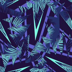 Wall Mural - Exotic seamless abstract pattern with geometry elements and palm leaves