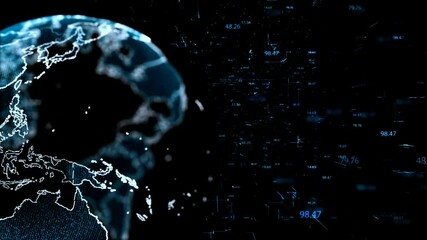 Wall Mural - This is a stock animation graphic showing a digital projection of the planet Earth surrounded by various data and numbers.