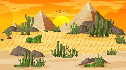 Sticker - Desert forest landscape at sunset scene with Pyramid of Giza