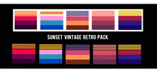 Sunset Retro Vintage Set Vector. Rectangular Grungy Retros With Sunset Colors. Grunge And Smooth Stripes  Collection For T-shirts Design Template. 