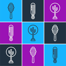 Set Line Honey Dipper Stick, Tree And Meteorology Thermometer Icon. Vector
