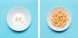 Photo collage, top view of corn puffs in white bowl, one is full and other its empty, on blue background.