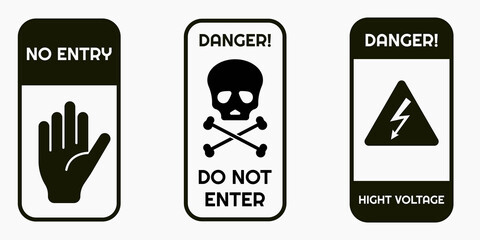 Signs warning of the danger - fire, high voltage, toxic, temperature. Caution Warning Sign Sticker. Editable vector stroke. Set of warning signs for attention and caution. Danger notice vector