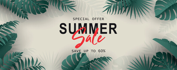 Poster - Elegant summer sale banner with tropical leaf theme