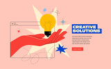Fototapeta  - Creative solutions or ideas web banner design or landing page template for creative agency with hand comes out of the screen with light bulb and colorful abstract geometric shapes. Vector illustration