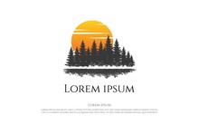 Sunset Sunrise Pine Cedar Spruce Conifer Larch Cypress Evergreen Fir Trees Forest With Lake River Creek Logo Design Vector