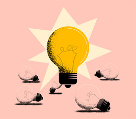 Good idea or working idea concept with big glowing bulb lamp and the inoperative extinct light bulbs lying below. Vector illustration