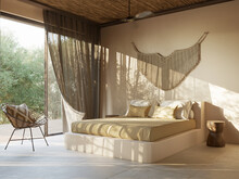 3d Rendering Of An Atmospheric Relaxed Boheme Tulum Style Summer Bedroom With Textured Plastering On The Walls And A Macrame Wall Decoration