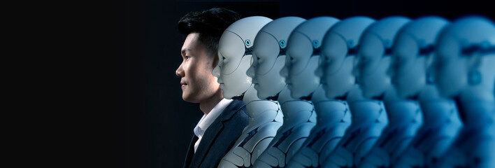 Wall Mural - businessman and digital world ai robot technology. business finance investment with big data technol