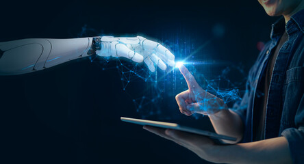Wall Mural - human and robot future ai chatbot communication metaverse technology, futuristic abstract innovation