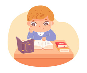 Wall Mural - Little boy reading books in school library. Happy clever kid learning activity vector illustration. Pupil sitting at table studying on white background. Education and leisure scene