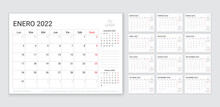 2022 Spanish Calendar. Planner Template. Week Starts Monday. Vector. Calender Layout With 12 Month. Table Schedule Grid. Yearly Stationery Organizer. Horizontal Monthly Diary. Simple Illustration.