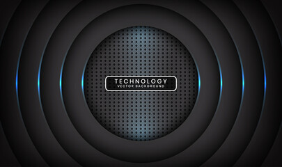 Wall Mural - Abstract 3D black techno background overlap layers on dark space with blue light circle effect decoration. Modern design template element style for flyer, card, cover, brochure, or landing page