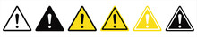 Warning Icons Set, Exclamation Mark On Triangle Signs. Isolated Attention Symbols On White Background. Vector Illustration.