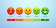 © Ramosh Artworks - Feedback emotion scale icon vector. Customers feedback review concept in 3d vector Illustration. Measuring review opinions approval recommendation status